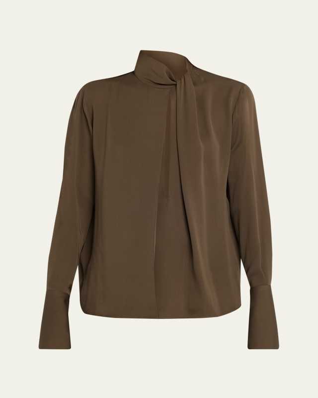 Twisted-Neck Silk Long-Sleeve Shirt